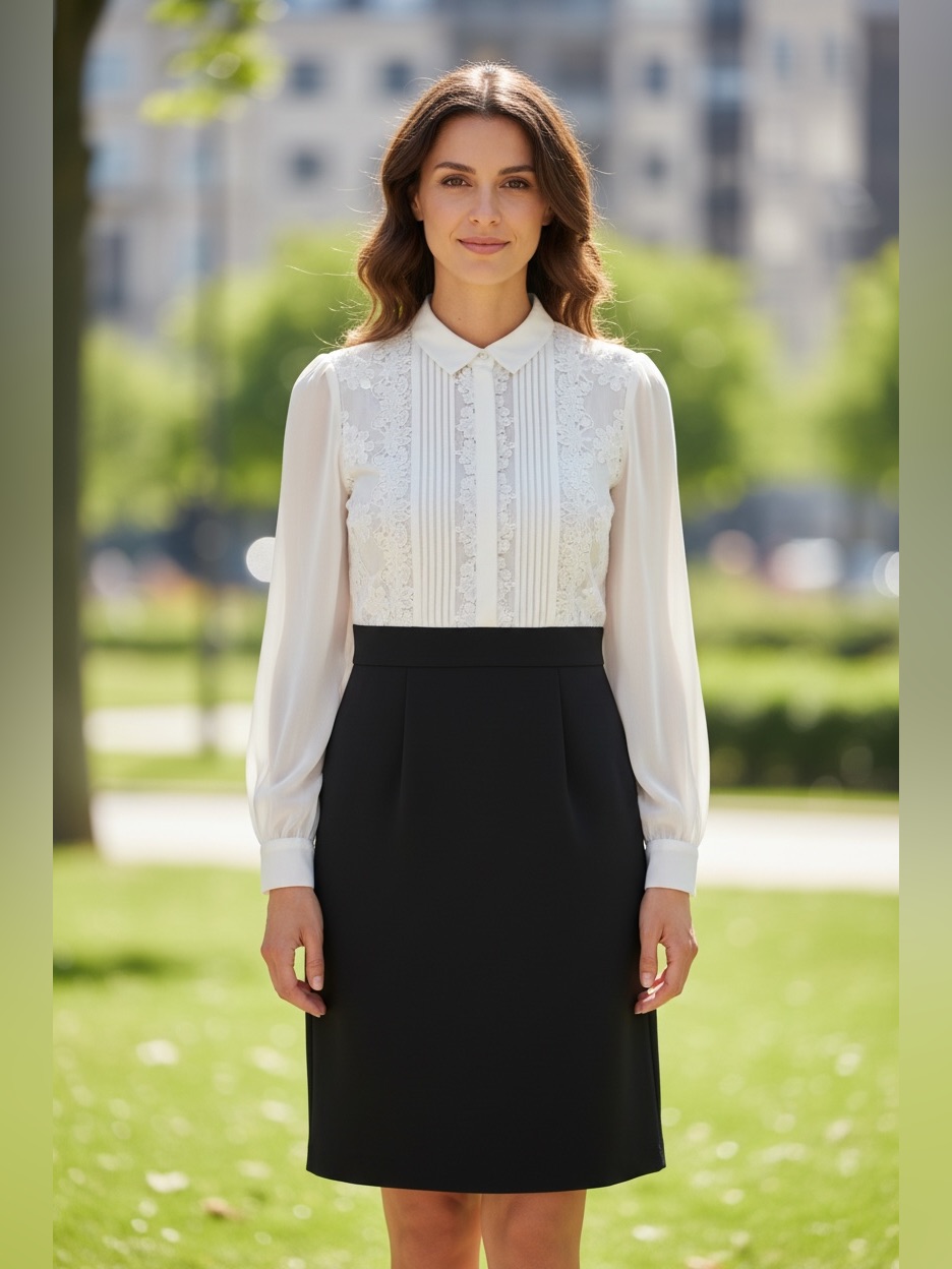 Black & White Long-Sleeve Contrast Dress